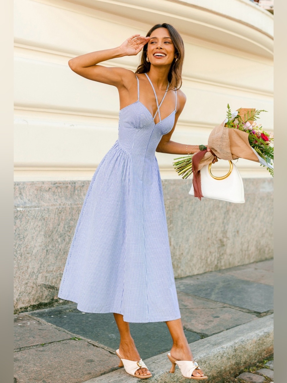 Blue & White Striped Strappy Spaghetti Strap Maxi Dress - Picture 4 of 5